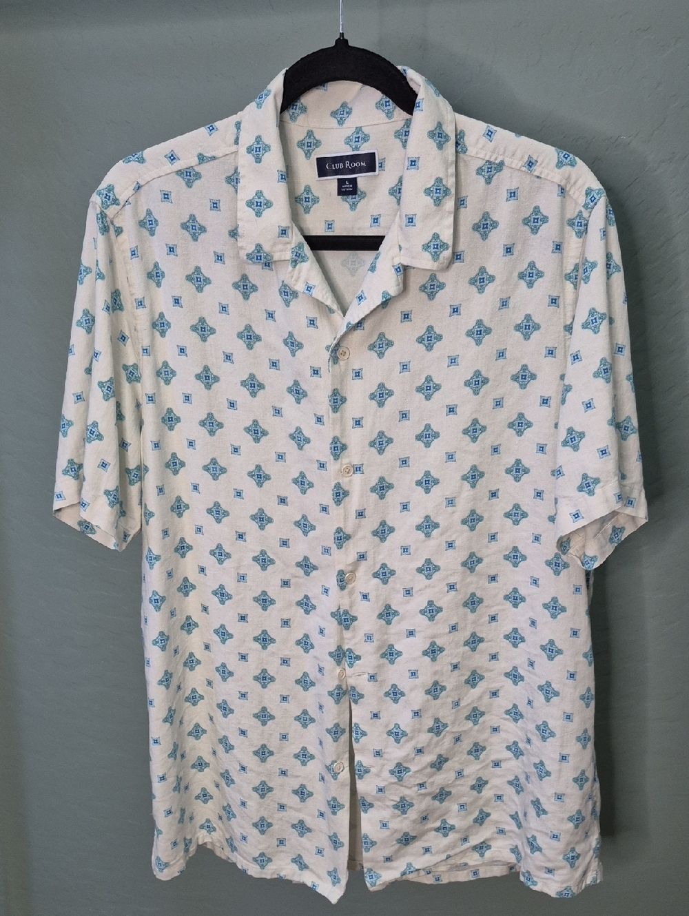 Club Room Cream Short-Sleeve Silk Blend Shirt with Blue Geometric Print